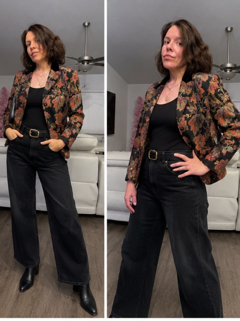 Vintage tapestry blazer floral medium velvet collar 10p